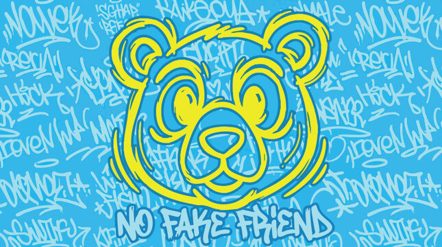 Hand-drawn graffiti bear face with no fake friends slogan on blue textured wall background