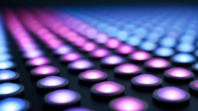 Rows of circular LED lights flashing pink and blue gradients in retro nightclub atmosphere