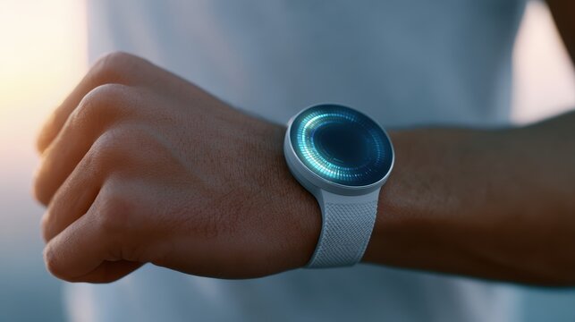 AI powered wearable health assistant projecting holographic wellness data above a runners wristwatch at sunrise, futuristic fitness technology, cinematic lighting, ultra realistic, no logo