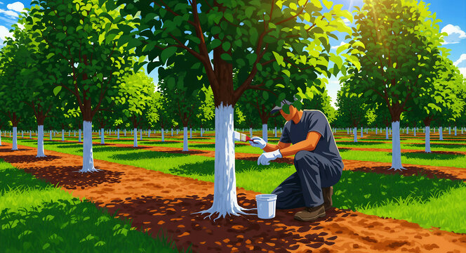 Gardener whitewashing tree trunks in a sunny fruit orchard. A worker applies protective paint to trees in a lush plantation. Agricultural maintenance concept for gardening and farming marketing.