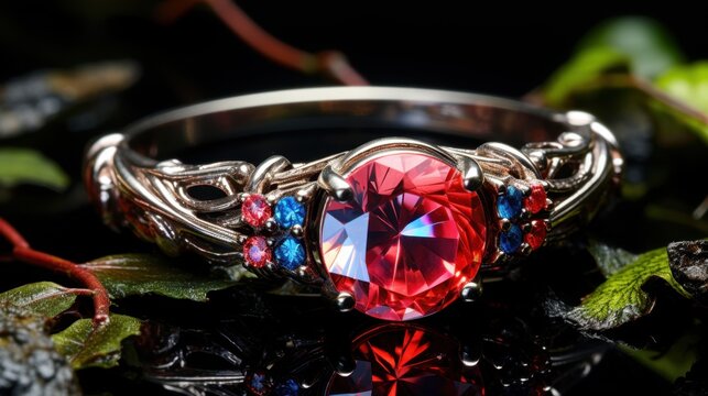 A close-up of a silver ring with a large red gemstone and smaller blue and red stones, surrounded by green leaves on a dark background.