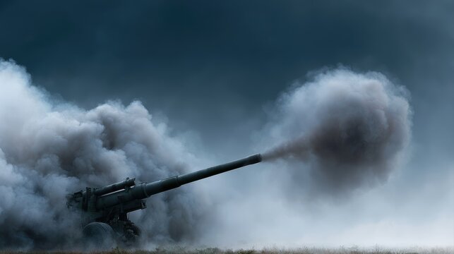 Artillery howitzer firing in open field with smoke explosion, military combat environment, dark cloudy war atmosphere