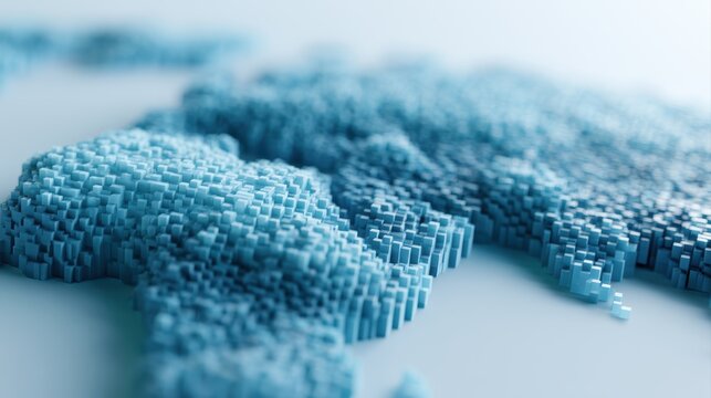 Blue voxel style world map with geometric depth and clean futuristic digital rendering
