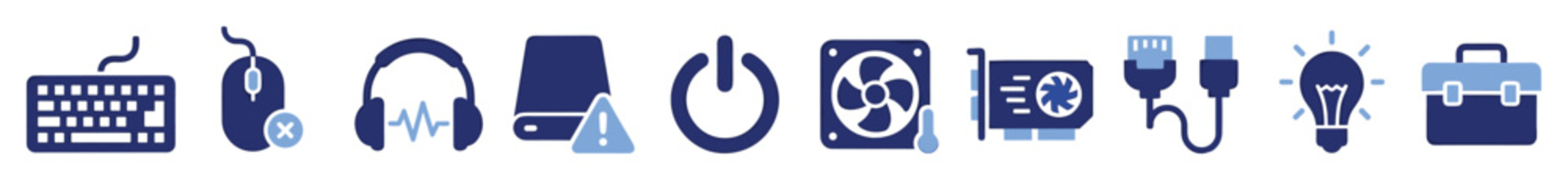Set of computer hardware and IT support icons for technical assistance and electronic repair