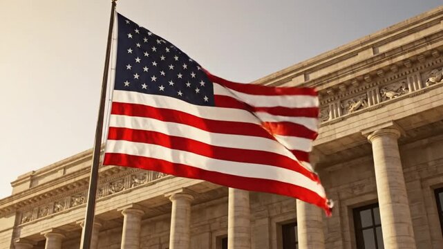 American flag waving in front of neoclassical building at sunset