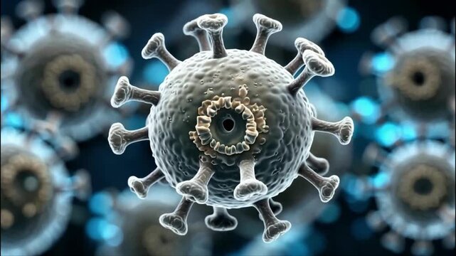 High resolution 3D animation showing grey virus cells with detailed protein spikes rotating and floating in a dark blue microscopic environment with shallow depth of field.