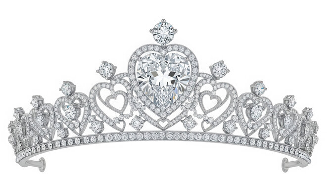 A tiara with diamonds and hearts isolated on transparent background