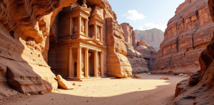Desert canyon with ancient stone structures and intricate carvings, Desert, Tourism