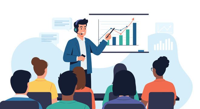 Experienced male presenter using a headset and pointer to explain business data charts on a whiteboard to a diverse group.