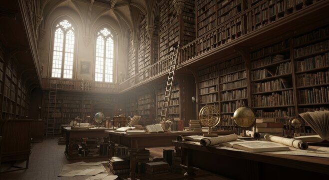 Interior of an ancient wooden library with floor to ceiling bookshelves. Old leather books, globes and rolling ladder in a historic university room. Academic study, research and archives.