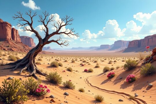Desert landscape with barren tree branches, wilted flowers and broken vines, wilderness, weed