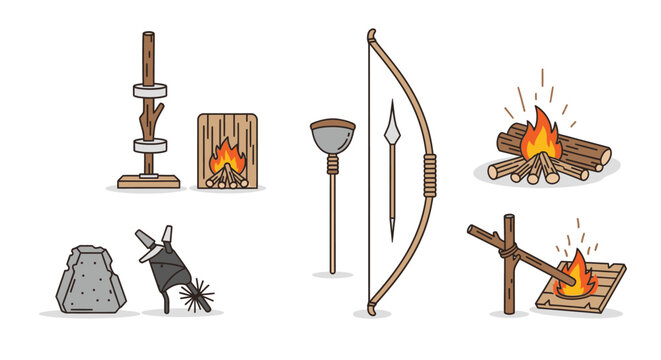 Primitive survival tools vector illustration of weapons and campfire elements