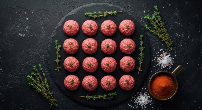 Raw meatballs arranged on a black stone board with herbs and spices
