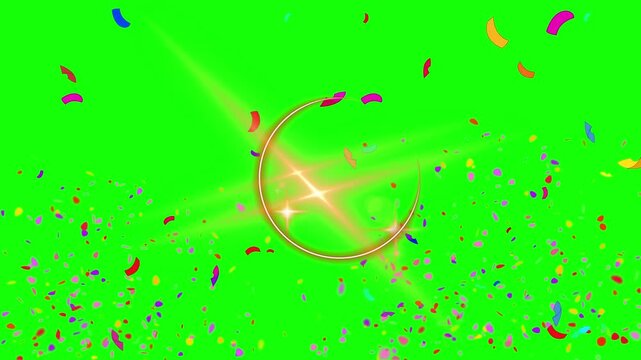 Colorful confetti falling on bright green background with handwritten squiggle line