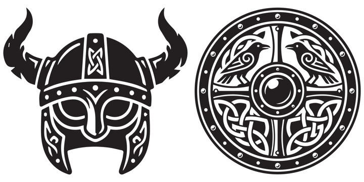 Viking helmet with horns and shield with raven symbols.