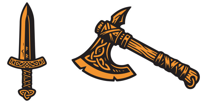 Ancient viking sword and hand axe with norse patterns.