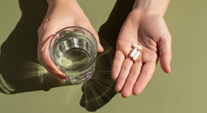 Person holding a glass of water and white capsules in their hand