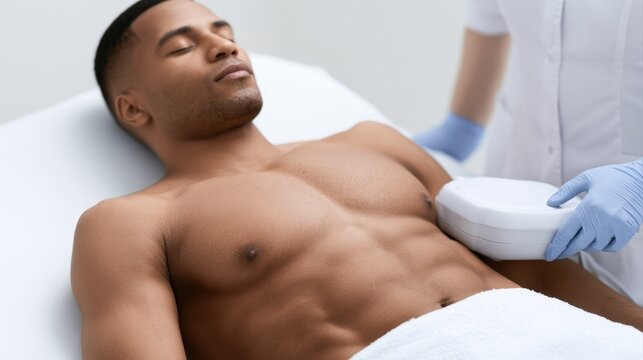 Cryolipolysis fat reduction treatment on male abdomen in beauty clinic, modern cosmetic procedure scene
