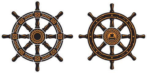 Set of two vintage viking ship steering wheels emblems. © md