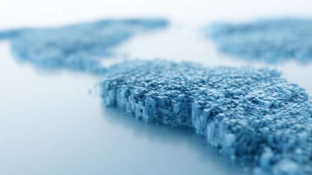 Blue voxel style world map with geometric depth and clean futuristic digital rendering