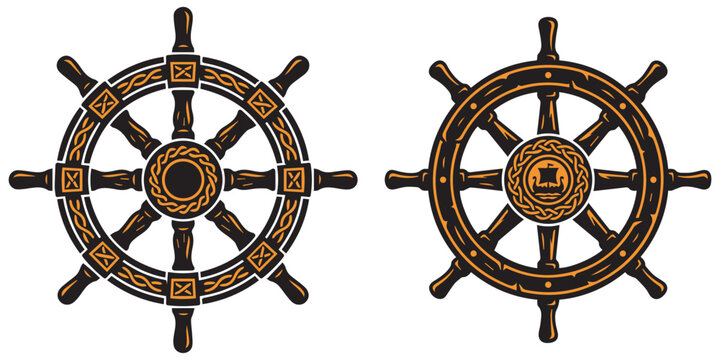 Set of two vintage viking ship steering wheels emblems.