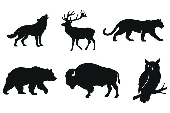 Wildlife animal silhouettes include a howling wolf, a majestic deer, a stalking panther, a walking bear, a sturdy bison, and a perched owl, all rendered in solid black against a clean white.