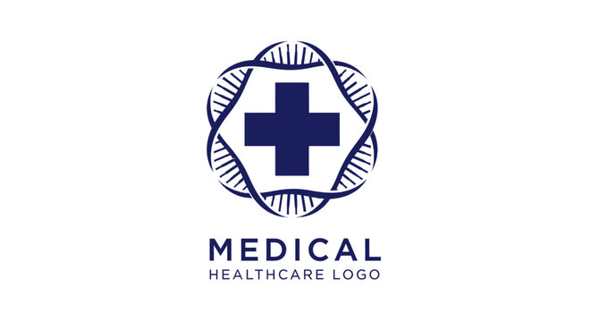 Blue medical cross icon with DNA helix circular border