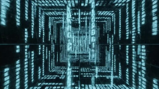 Abstract digital data tunnel with blue glowing square lights.
