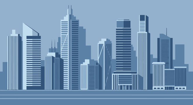 Blue minimalist city skyline illustration with modern skyscrapers