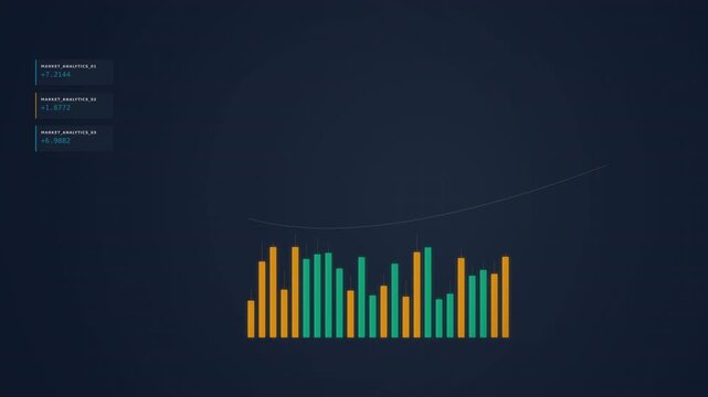 Digital data visualization with colorful bar graphs on a dark background, featuring a line graph trend overlay and legend on the top left