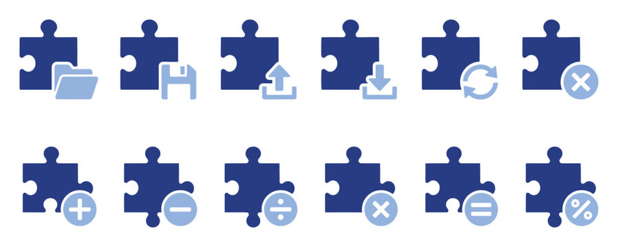 Set of puzzle piece icons symbolizing data operations and mathematical functions for software and