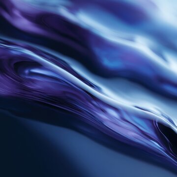 Liquid glass shapes shifting between blue and purple reflections on dark glossy background