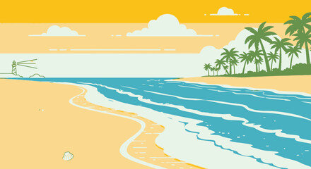 Obraz premium Coastal illustration of beach sea and palms with lighthouse at sunset