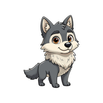 Cute cartoon wolf pup with grey fur and large brown eyes, isolated on white background