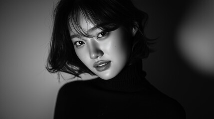 Naklejka premium Asian female portrait, black and white beauty, medium long shot, candid face, short hair, dark background, studio lighting
