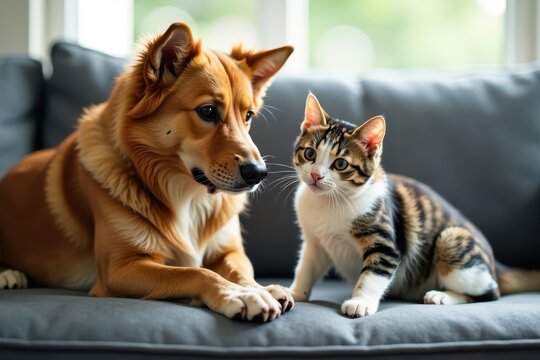 Dog and cat sitting together on couch, scratching itchy skin with paws and claws outstretched , animal relaxation, feline canines