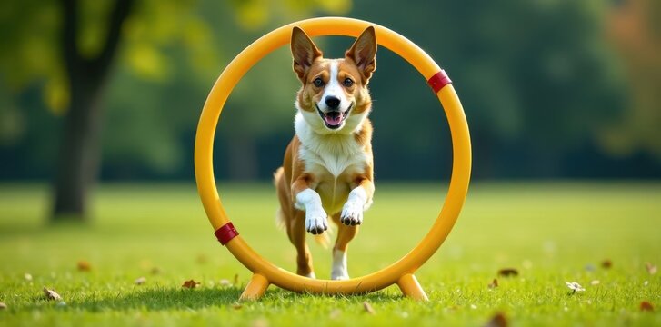 Dog leaping through a hoop in agility training, canine, exercise