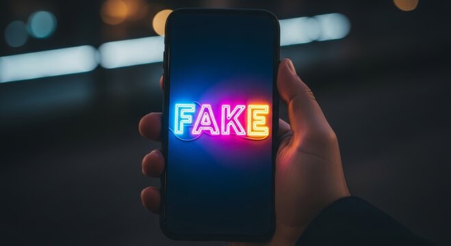 Man holding smartphone with neon fake word on screen. Digital misinformation and internet hoax concept. Verification of suspicious content and social media deception warning sign.