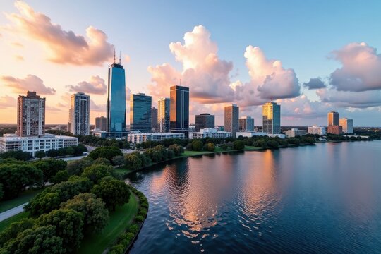 Downtown Tampa panoramic view with skyscrapers and Hillsborough Bay in the background, bayfront, urban landscape