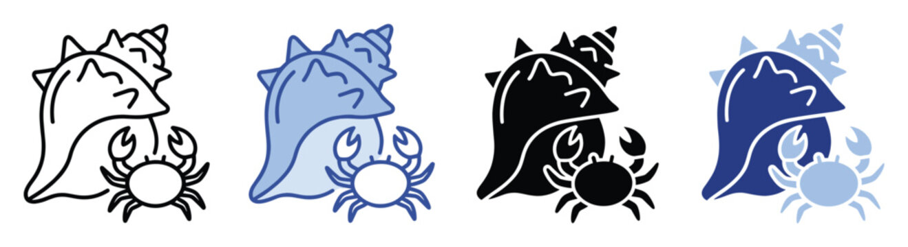 Set of marine life icons featuring conch shells and crabs perfect for summer beach projects