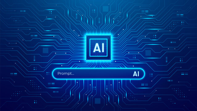 Futuristic AI prompt bar concept. Digital artificial intelligence Interface with glowing semiconductor chip and search bar on technology motherboard with circuit lines. Vector illustration.