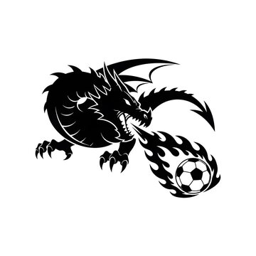 Black dragon breathing fire on a burning soccer ball
