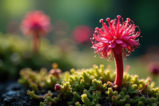 Drosera Capensis plant with long, sticky tentacles capturing and digesting insect prey, nature, succulent