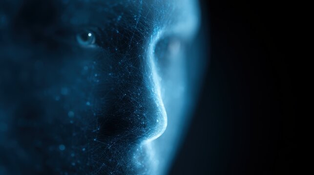 Digital privacy concept with glowing biometric face scan and encrypted cyber shield graphics