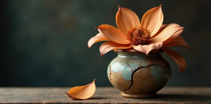 Dry, brown petals drooping from a cracked ceramic vessel , faded earthtones, withered plant