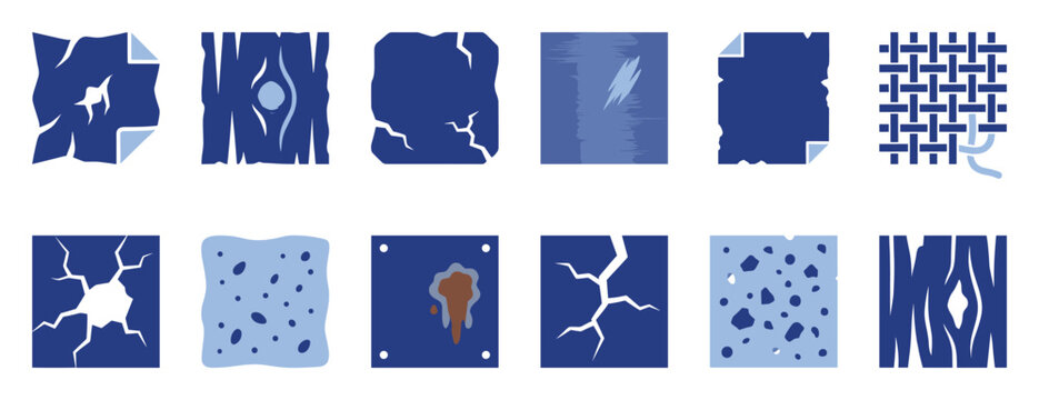 Set of damaged texture icons representing wear and tear for various graphic design projects