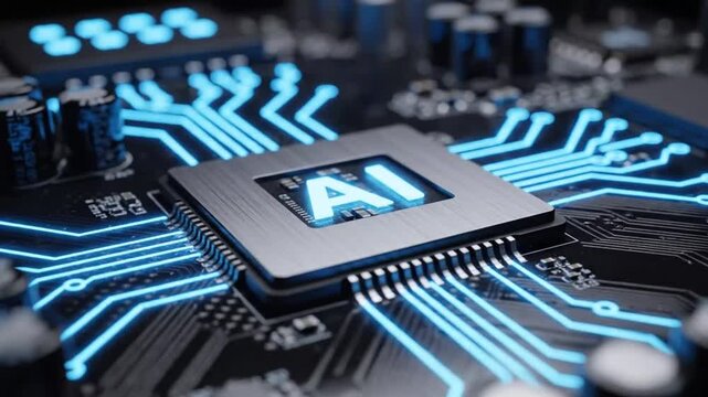 AI central processing unit on a high-tech circuit board.