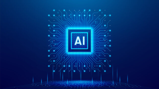 Futuristic AI microchip concept. Artificial Intelligence semiconductor technology concept with circuit board. AI chip processor with glowing elements on circuit board. Technology vector illustration.