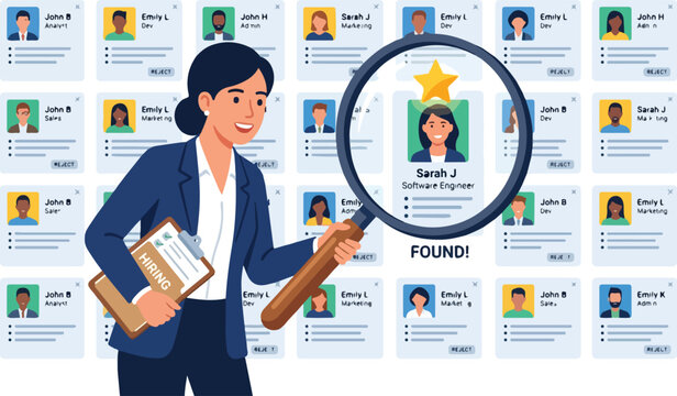 A professional woman uses a magnifying glass to find a qualified candidate, Sarah J, among many online profiles, symbolizing successful talent acquisition.