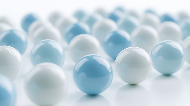 Dynamic blue and white spheres arranged in abstract grid pattern on bright white minimal background